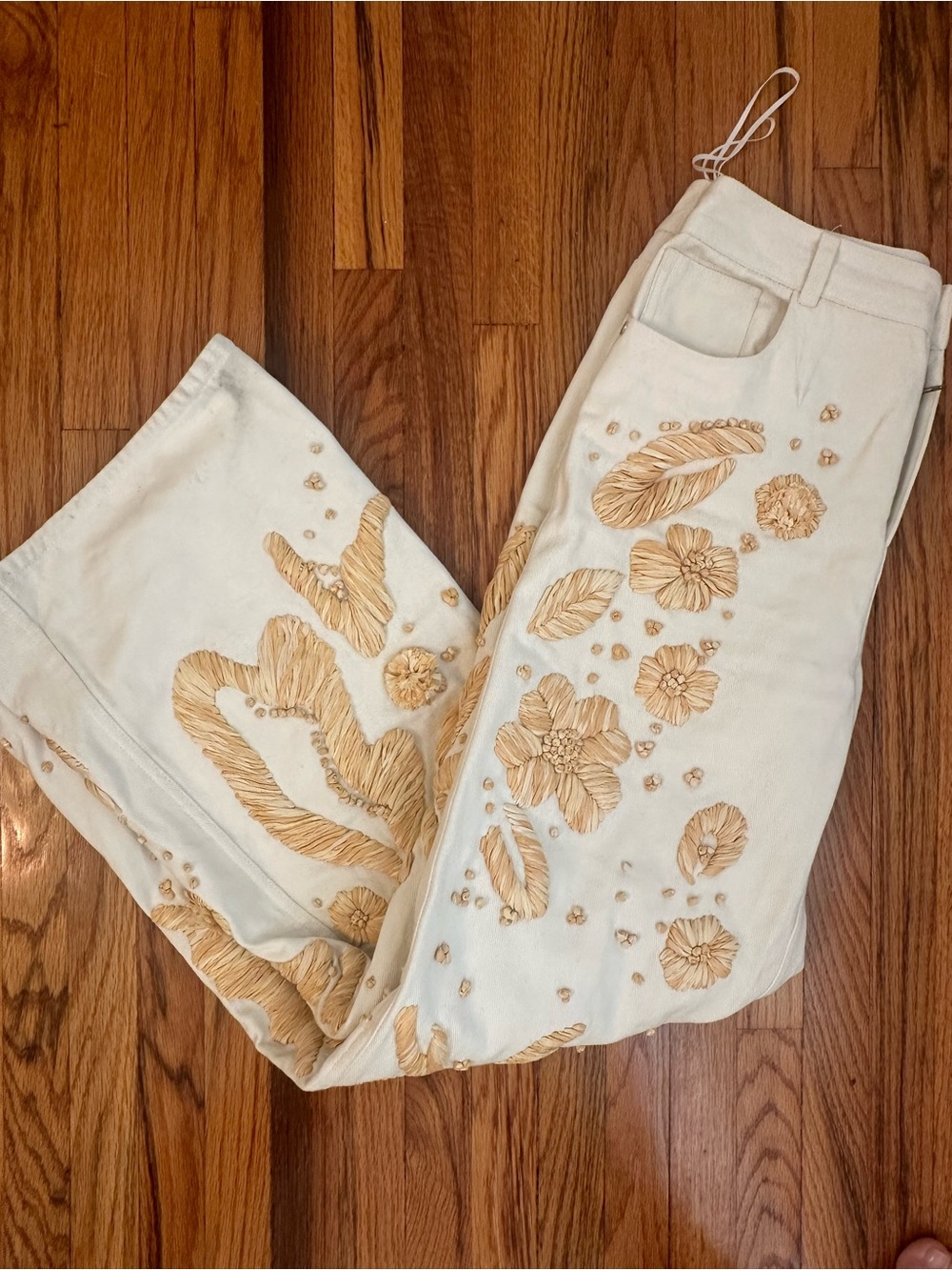 Cream Embroidered Floral Wide-Leg Jeans